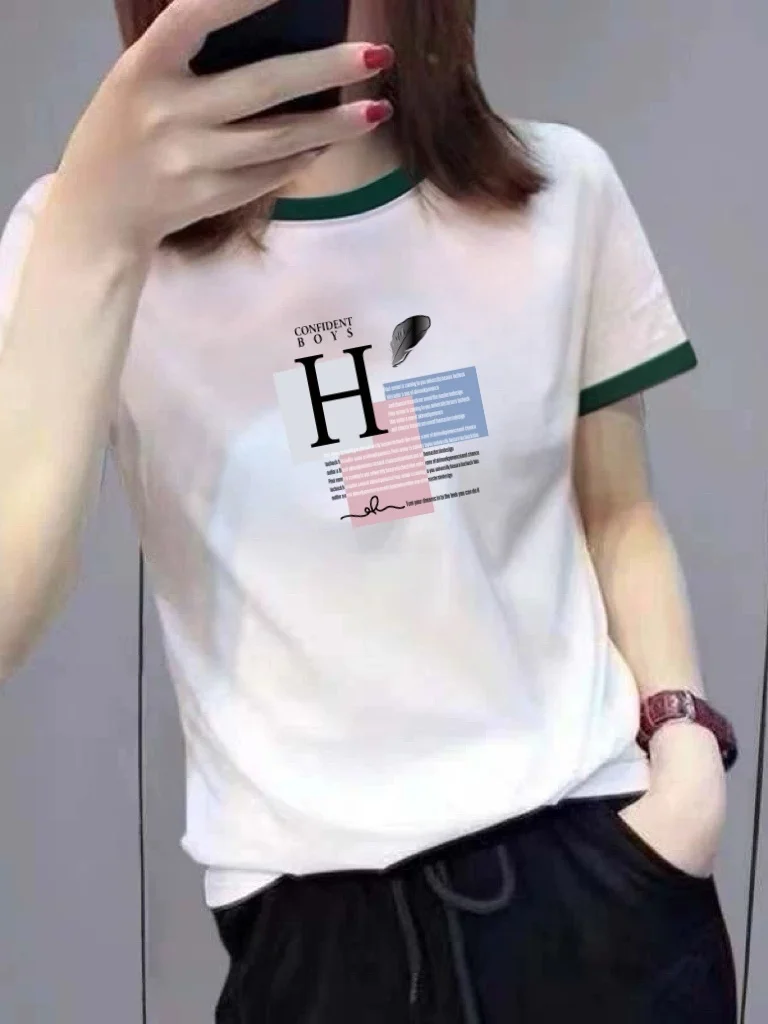 

Женская футболка с коротким рукавом, воротником и буквенным принтом в стиле колор-блок, свободного кроя, стройнящая, повседневная, стандартный размер, прямой крой