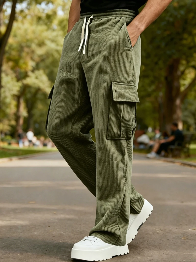 Herren Cord-Cargohose mit Elastischem Bund und Kordelzug, Lässige Hose mit Seitentaschen, Gerades Bein für Frühling und Herbst – Detail 22