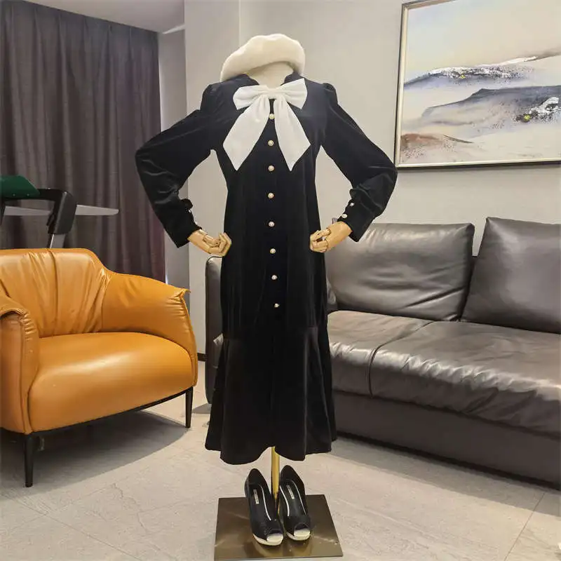 

Vintage Style Women's Clothing Fall 2022 French Design Black Dress Bow Velvet Dress Lolita Style Trumpet Dress Mermaid Dress