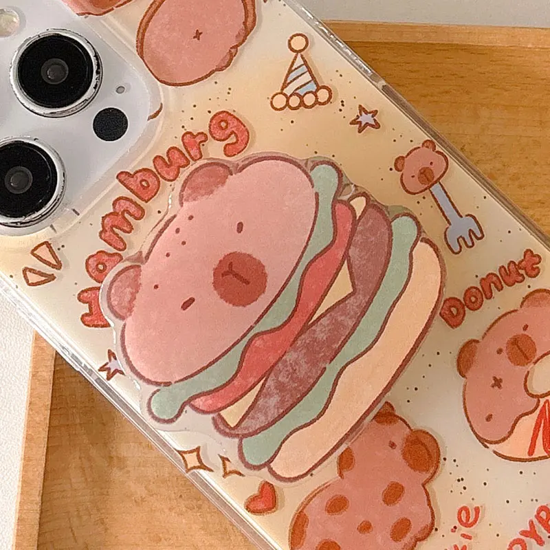 Lovely Cartoon Hamburger Bear Stand Holder Mobile Phone Accessories Universal Cute Back Case Cover Support Bracket Caqa Couqa