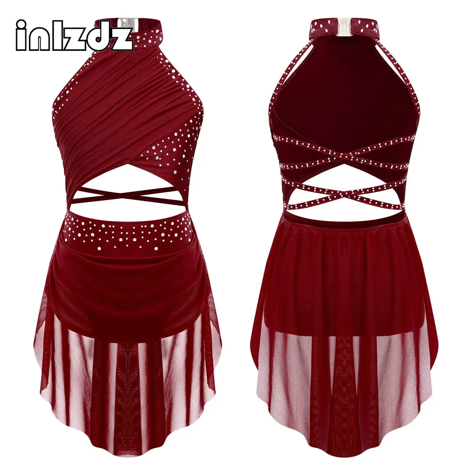 

Girls Cutout Waist Figure Skating Dress Rhinestone Strappy Backless Ballet Gymnastics Leotard Dress Latin Lyrical Dancewear