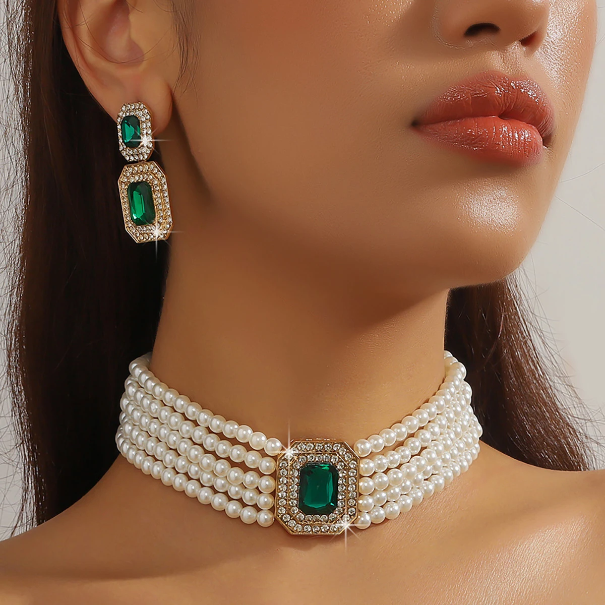 Rectangular Gemstone Earrings Pearl Necklace Set for Women Vintage Multi-layered Pearl Necklace Drop Earrings