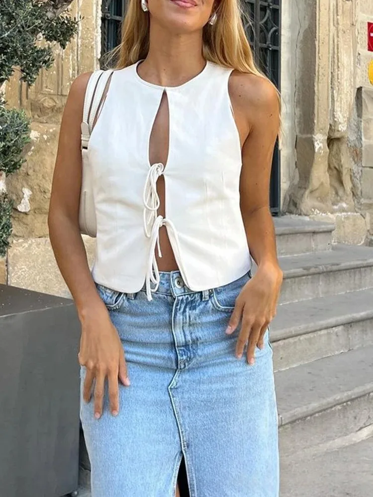 

KONDALA Sexy Bow Tie Sleeveless Tops Women O Neck Slim Summer Vest Fashion 2024 Streetwear White Women Tshirts
