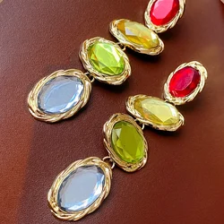 Rhinestone Long Colorful Oval Metal Dangle Earrings for Women Vintage Sparkle Light Luxury Silver Needle Earring Gifts Wholesale