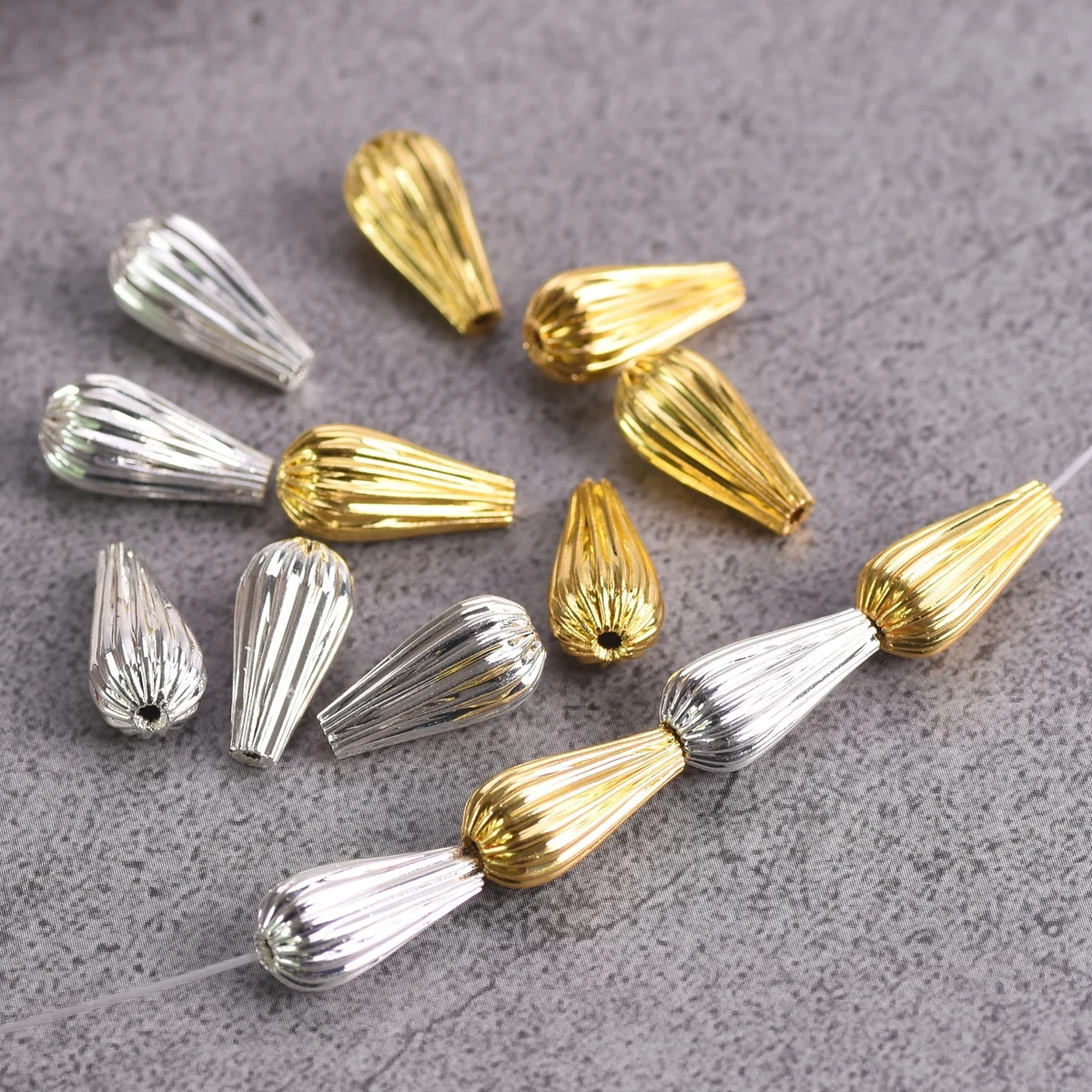 20pcs Plated Gold Color Silver Color 14x7mm Teardrop Hollow Plicated Metal Brass Loose Beads For Jewelry Making DIY Crafts