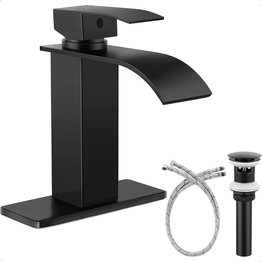 

Matte Black Bathroom Sink Faucet Single Handle Waterfall Stainl Steel Bathroom Faucets for 1 or 3 Hole Pop Up Drain and Water p