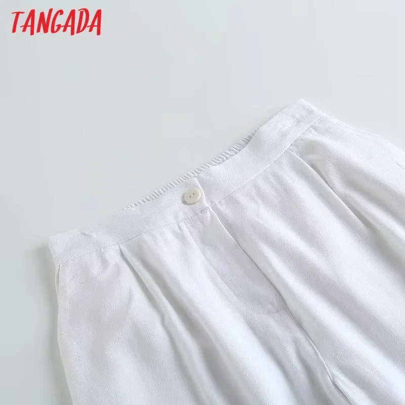 Tangada 2023 New Women White Linen Cotton Pants Trousers High Waist Summer Long Pants  4C269