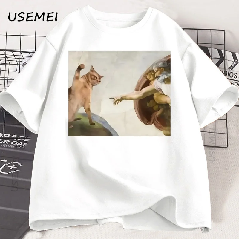 مضحك القط الله خلق آدم ميمي تي شيرت الرجال النساء عارضات قصيرة الأكمام يسوع تي شيرت س الرقبة التي شيرت القطن خمر تيز