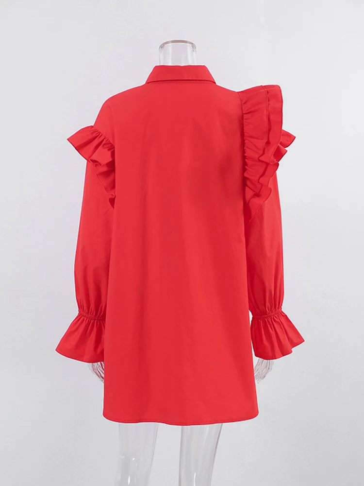 Mueyaruho Winter Spring 2024 Women Solid Red Mini Shirt Dress Office Ladies Ruffles Long Sleeve Loose Fit Dress For Women