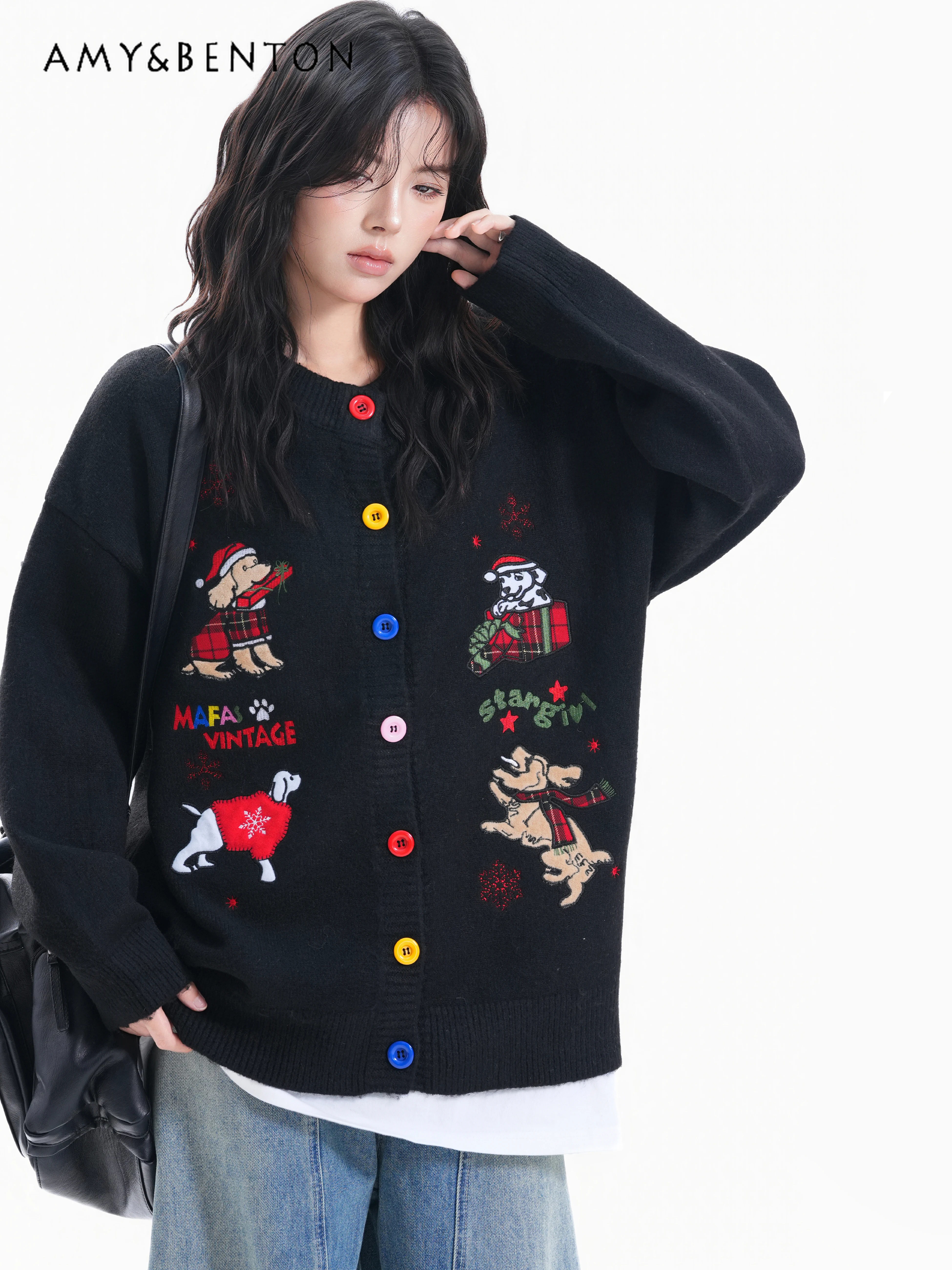

2025 Autumn Winter New American Retro Christmas Puppy Embroidered Cardigan Sweater for Women Black Loose Casual Knitted Sweater