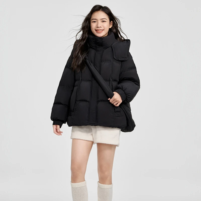 Chericom Chaqueta de plumón para mujer 90 relleno de plumón de pato 2025 capucha desmontable cuello alto bolsillo cálido ropa de abrigo corta acolchada Y308190Y