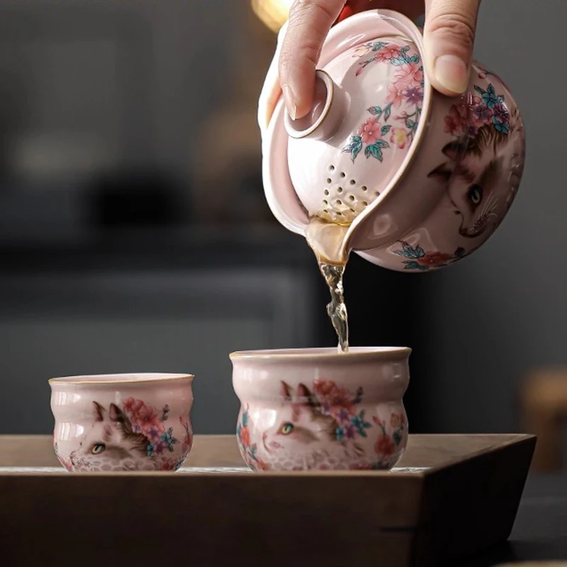 Pink Ru Kiln Peach Blossom Ragdoll Cat Travel Tea Set High-end Ceramic Ladies' Special Tea Cup One Pot and Two Cups Portable Set