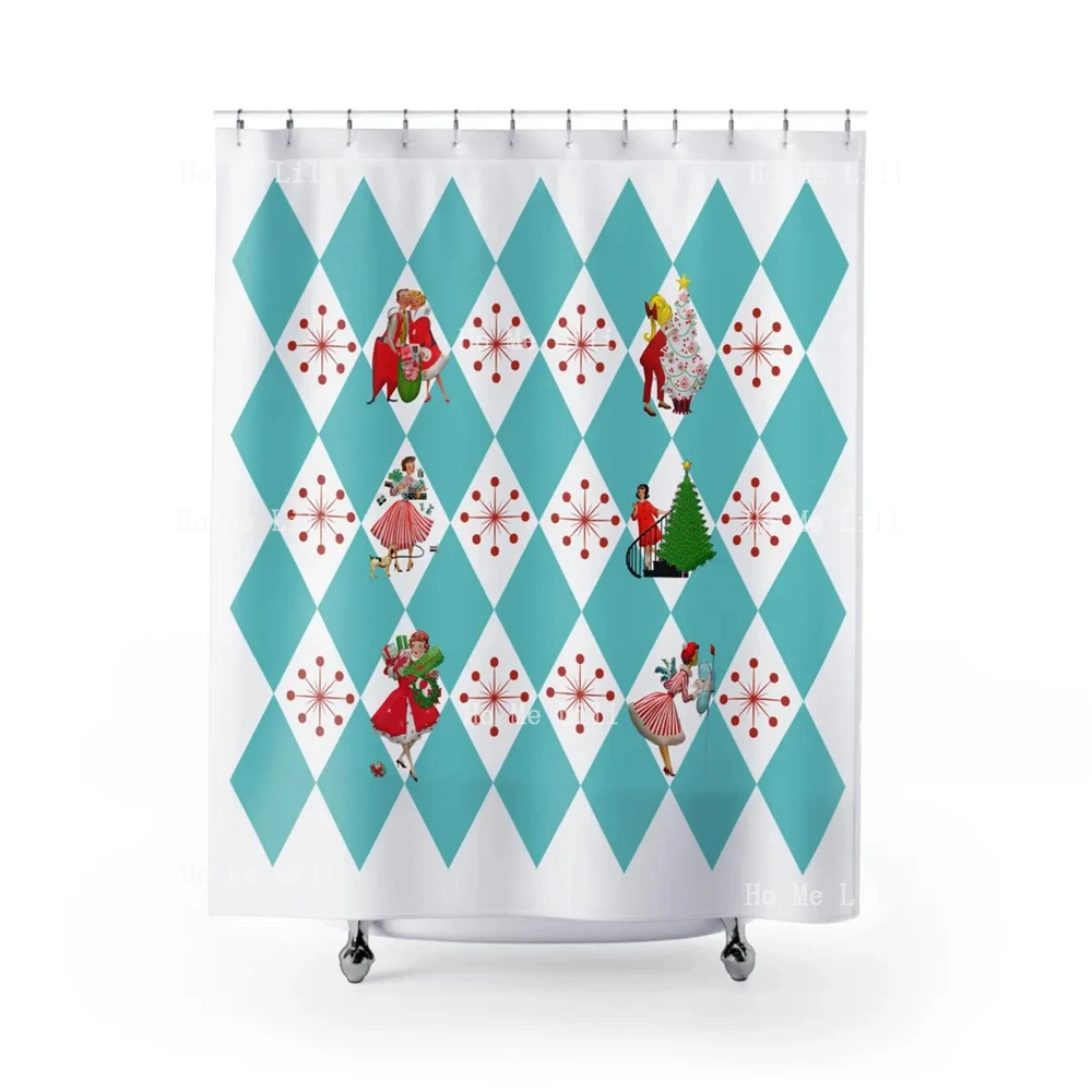 50s Holiday Kitsch Mid Century Modern Aqua Blue White Harlequin Diamond Starburst Christmas Shower Curtain