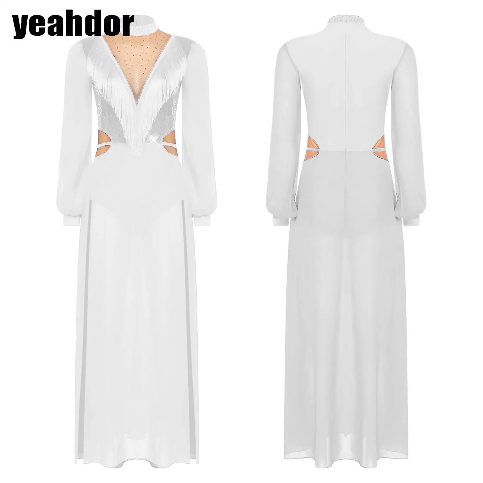 

Женское балетное платье для лирических танцев с пайетками и стразами на груди, боди с длинными рукавами и бахромой для сценических выступлений и соревнований