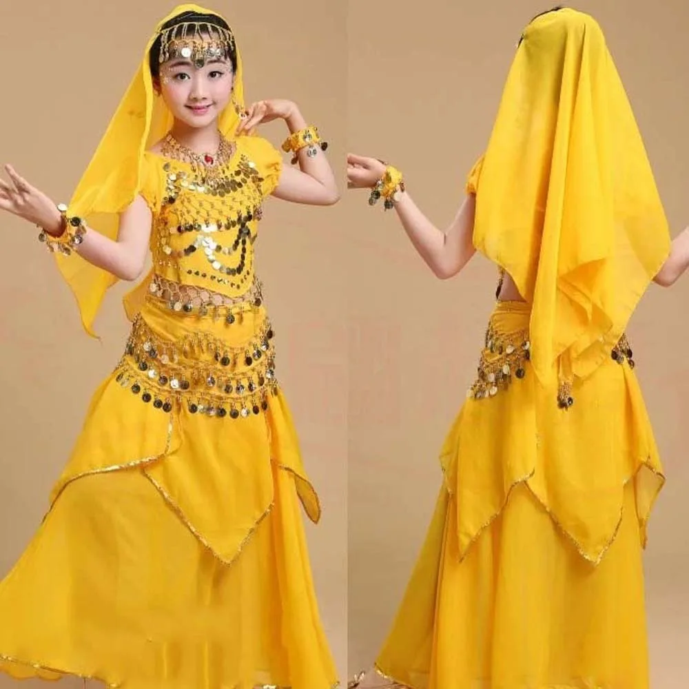 Headdress Dance Costumes Set Princess Dress Colorful Belly Dance Costumes Dazzling Sparkling India Girls' Clothing Kids