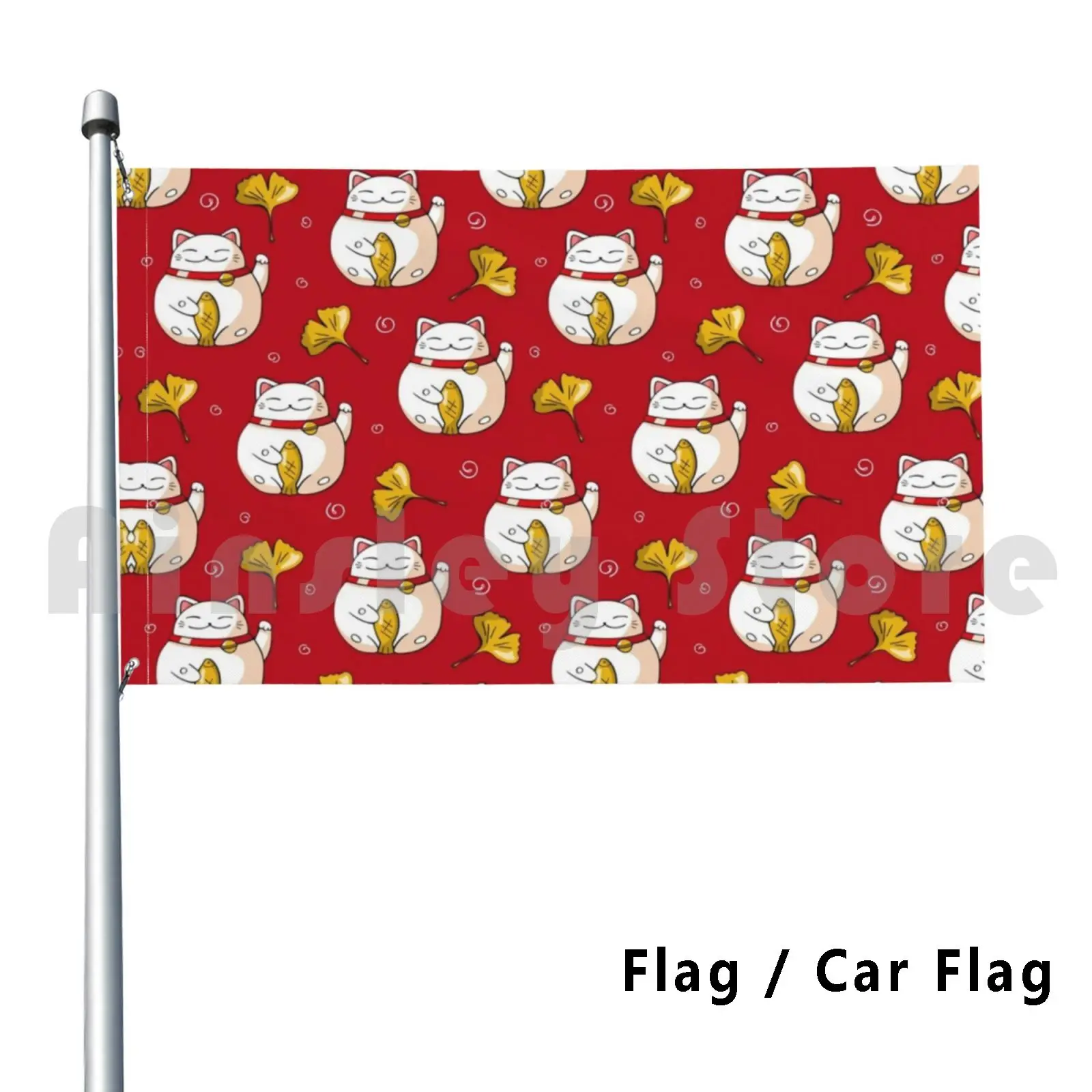 Maneki Cat Pattern Red And Gold Flag Car Flag Funny Japanese Pattern Cats Pussy Maneki Cat Lucky Cat