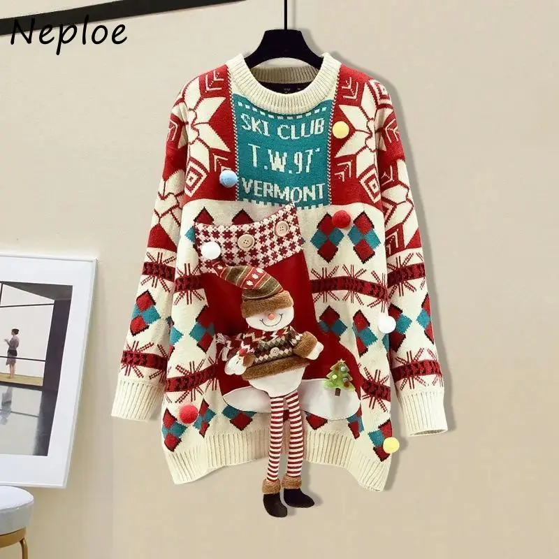 Neploe Loose Pullover 3D Flower Winter New Sweaters Christmas Western Exquisite Jumper Panelled Vintage Sweet Fresh Slim Knitted