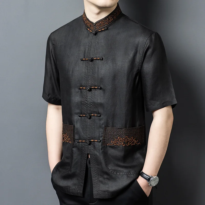 

High Quality Real Silk Men's Gambiered Guangdong Suit Middle-Aged New Chinese Style Hanfu Dad Wear Morning Exercise Clothes Men