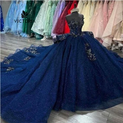 Navy Blue Crystal Beaded Sweetheart Ball Gown 15 Dress Quinceanera 2024 Mexican Quince Dress Formal Occasion Gowns Sweet 16