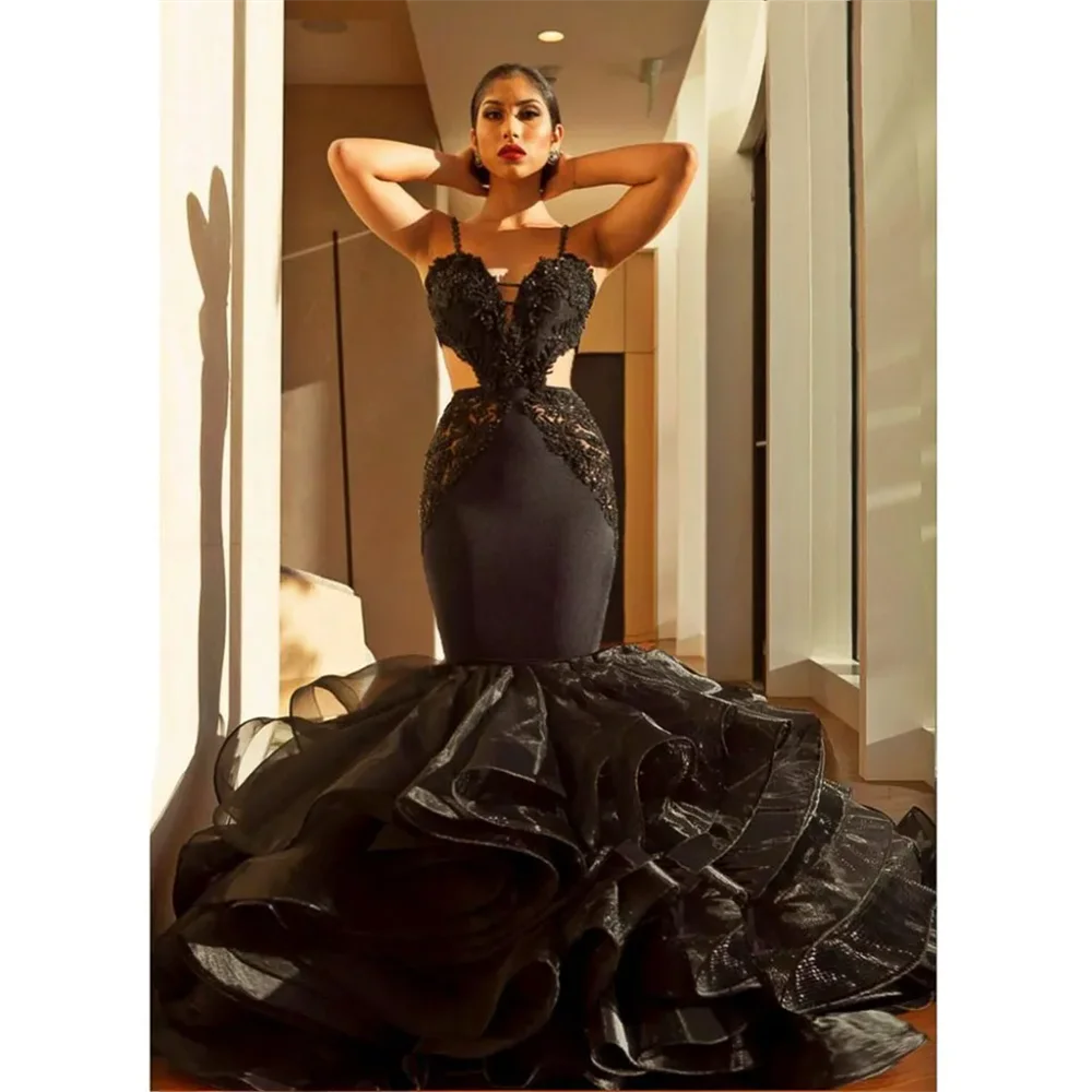 Robe de Soirée Longue et Sexy en Dentelle Dorée, Tenue de Bal Noire, Dos aux, Décolmétrage en V Profond, à Plusieurs Niveaux, Astronomique