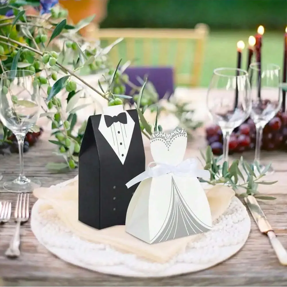50 Stück Hochzeits-Geschenkboxen, kleine Geschenkboxen für Hochzeitsfeiern, Süßigkeitenboxen für Braut und Bräutigam, Geschenkboxen für Kleid und Smoking – Detail 5