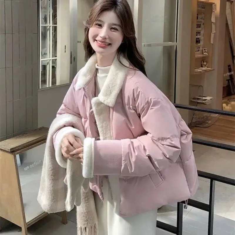 

Blue Lamb Patchwork Sweet Cotton Coat 2025 Winter Thicker New Short Warm Loose Bread Coat