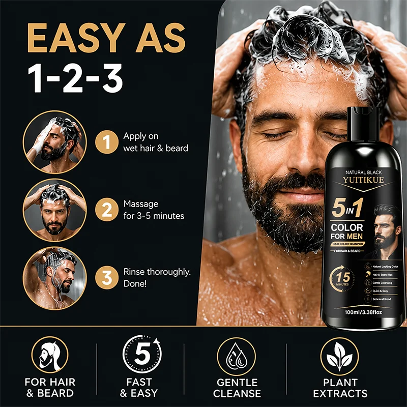 YUITIKUE Men Hair Beard Coloring Shampoo Plant Mild Gray Hair Cover Home Easy Hair Care