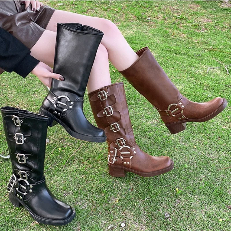 Women\'s High Platform Boots Metal Buckle Thick Heel Motorcycle Boots Vintage Soft Leather Punk Boot Brown Leather Knight Boot