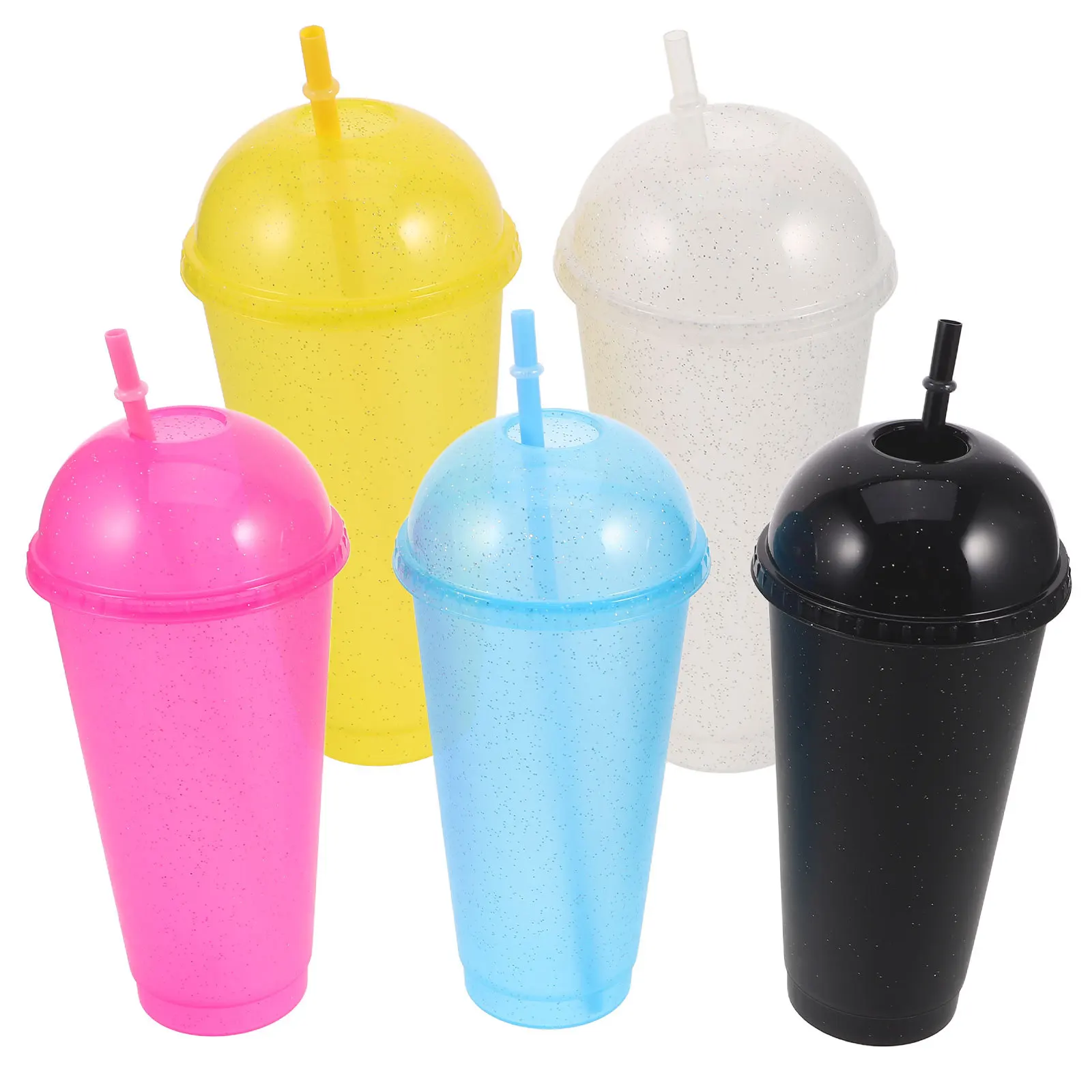 

5pcs Cup Dome Lid Glitter Smoothie Tumbler For Iced Coffee Bubble Tea Cocktail Plastic Drinking Cups Kitchen