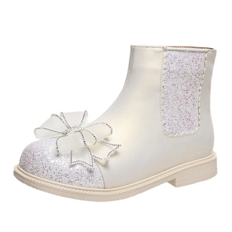 

Bow-tie Princess Boots 2025 New Winter Children's Side Zipper Wedding Party Shoes Girls Sparkly Bling Sequins Short Boots