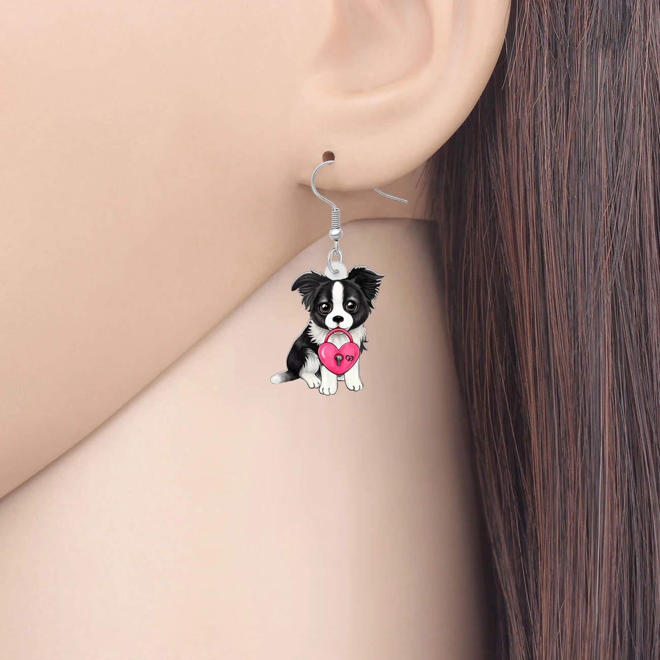 BONSNY Acrylic Plush Border Collie Dog Puppy Drop Dangle Earrings Doggy Pets Jewelry Gifts Valentine's Day For Women Girls