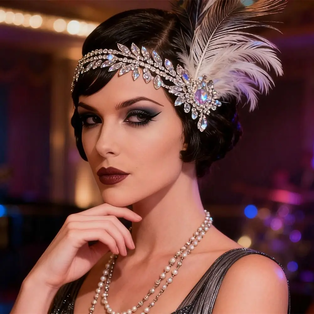 

Trendy Vintage Feather Headband Crystal Sequin Masquerade Hair Band Zircon Elegant 1920s Hair Accessories Women