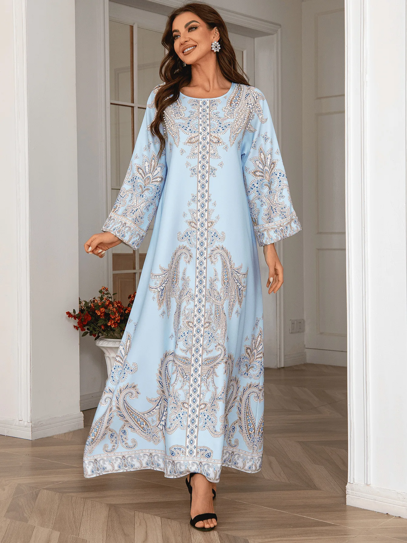 Eid Muslim Beading Party Dress for Women Ramadan Abaya Long Dress Print Morocco Kaftan Vestidos Largos Dubai Robe Jalabiya 2024