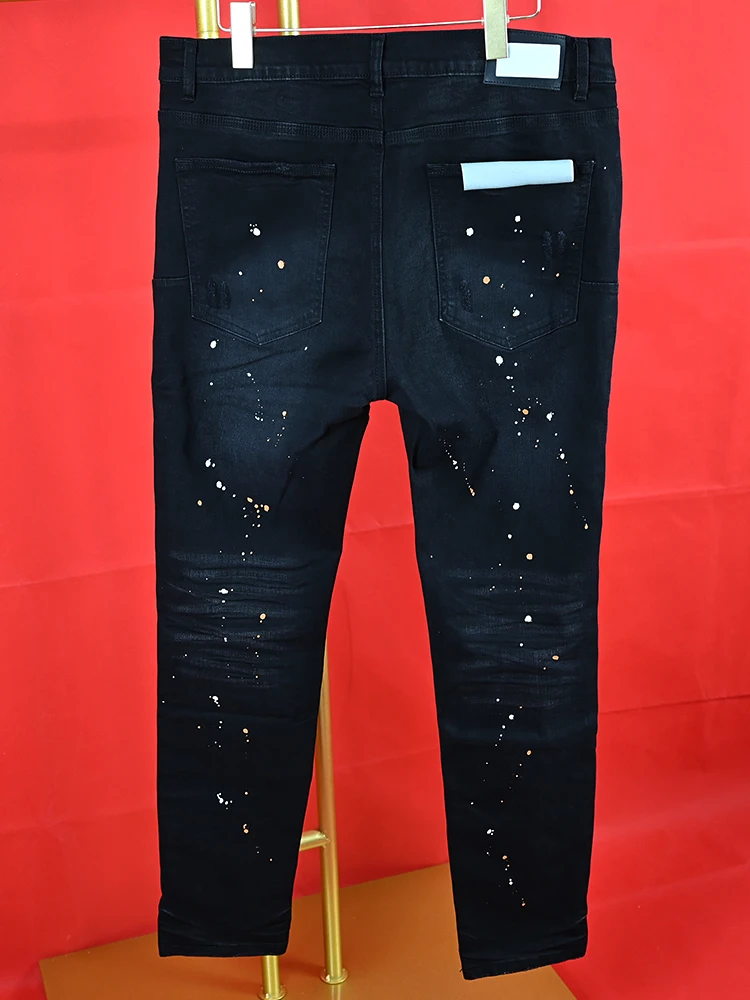 Purple roca Jeans High Street brand Vintage Spotted Indigo Coated Mid Rise Slim Jeans Snow Wash High Quality Drop shipping