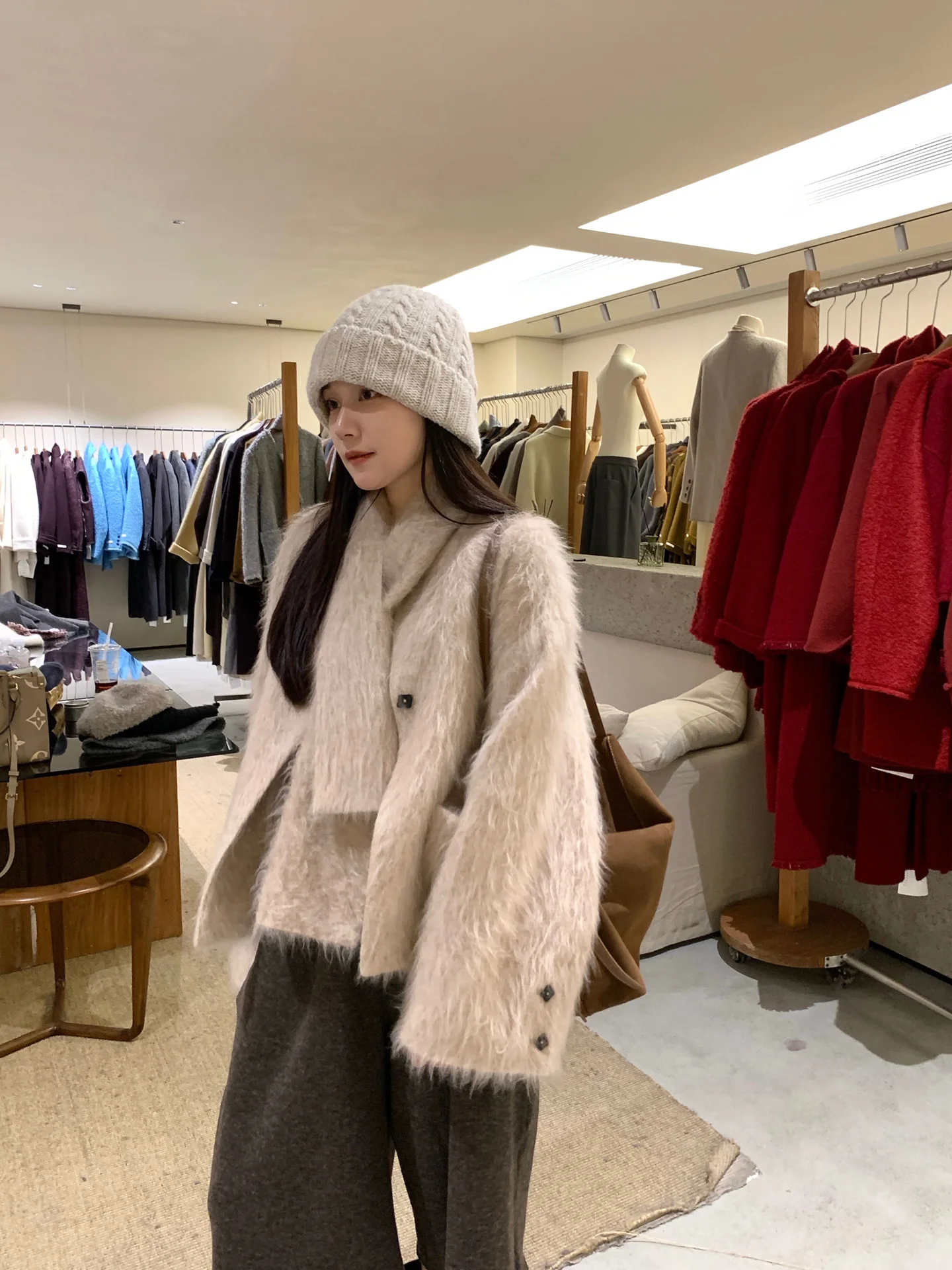 

ey Woolen ort Coat Women's Sle Purple Silk Scarf Ele Autumn Winter New Arrival Thiened Long Sve round Ne Coat