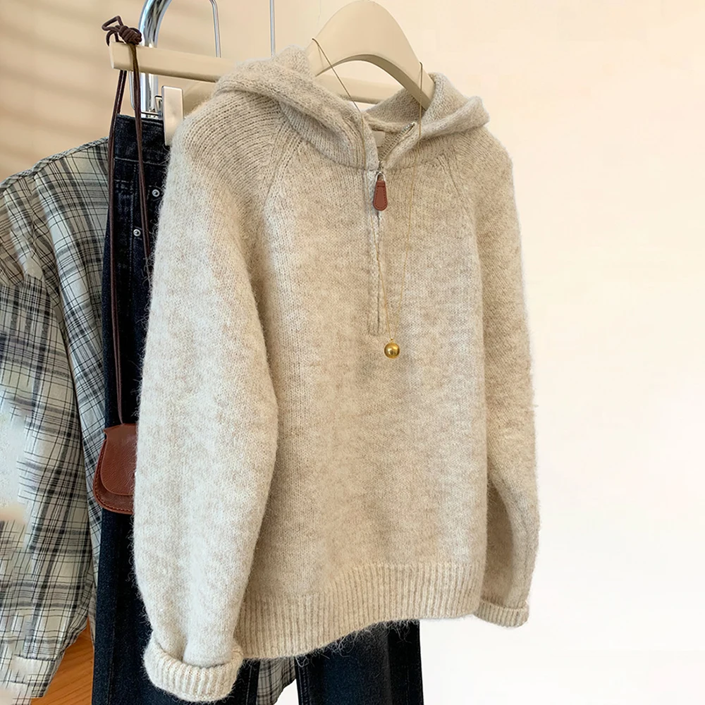

Soft Knitted Half-Zip Hoodies for Women Hooded Pullover Sweaters 2025 New Casual Long Sleeve Thick Warm Knit Sweater Tops