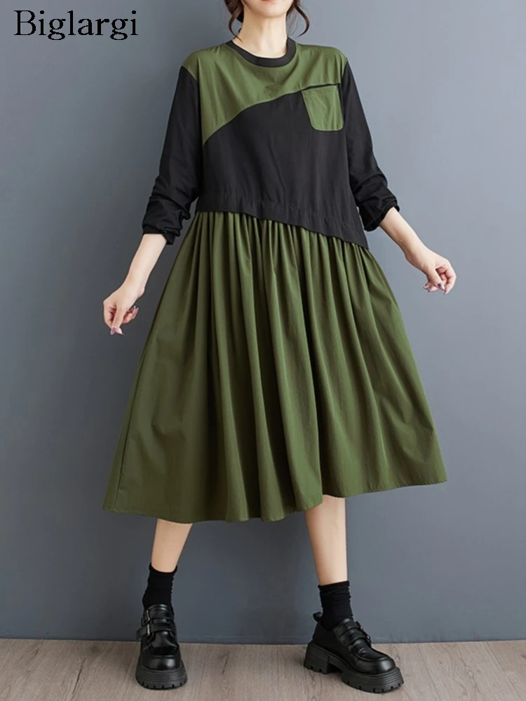 

Oversized Autumn Dress Women Irregular Patchwork Fashion Ruffle Pleated Ladies Dresses Long Sleeve Casual Loose Woman Dress