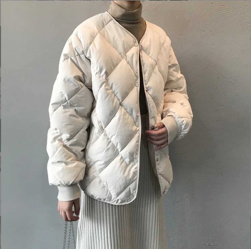 Korean Style Diamond Pattern down Cotton Jacket Women's Short Loose Baseball Bread Coat Thick Outerwear for Small Figures