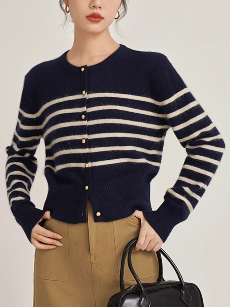 Metal Buttons Striped Sweater Women\'s Autumn and Winter New Fashion Cardigan Women Casual Soft Comfort Versatile Knit Cardigan