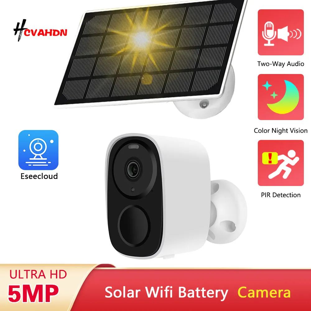 

5MP Outdoor Solar Security Camera IP 2K HD Wireless WiFi Camera PIR Motion Alarm Color Night Vision CCTV Surveillance Camera