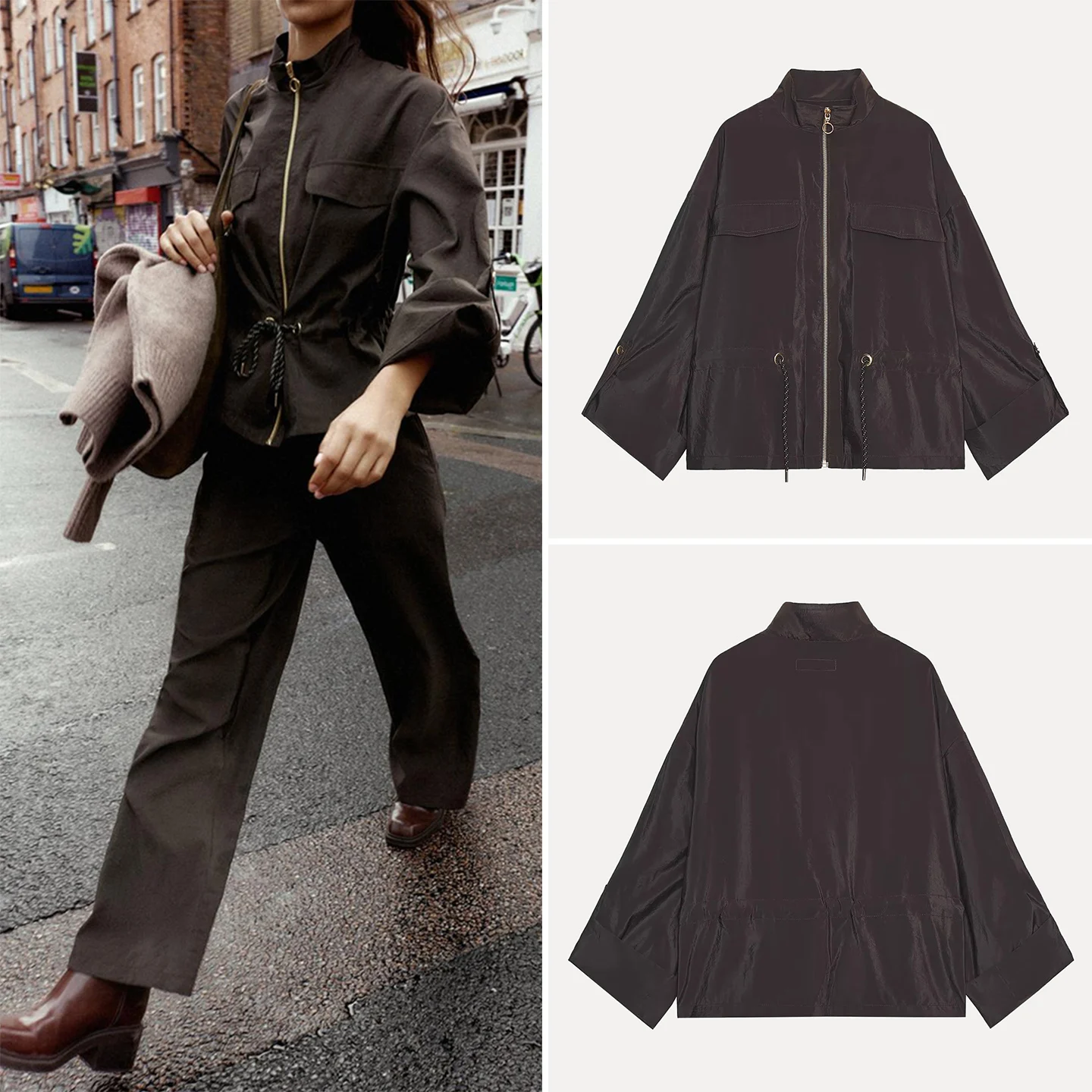 

Faionable Zipper Sle Jaet Women's Spring Autumn New Arrival Belted Outerwear Long Sve Stand Collar Coat