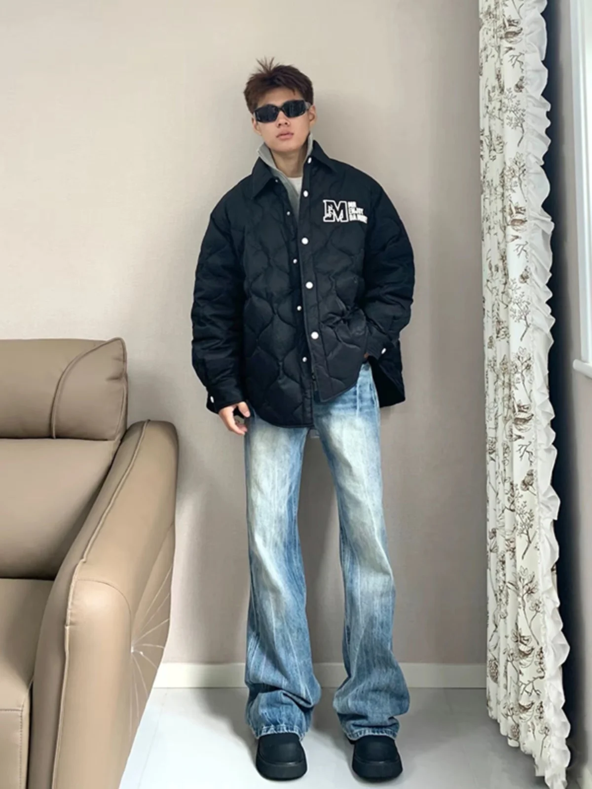 

Blue Lightning Pattern Men's Jeans High Waist Lift Trousers Waed Knife American High Street Micro Flared Straight Leg