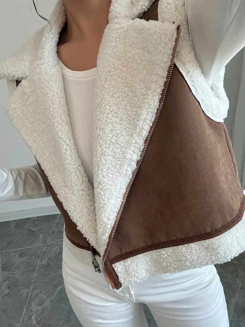 سترة نسائية مقسمة سترة من الصوف سترة بدون أكمام وياقة مقلوبة وسحاب عالي الشارع فضفاض لخريف 2025 مرقع #6