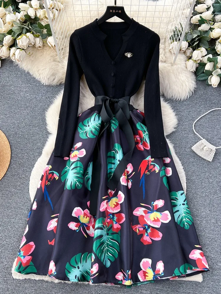 New Winter Elegant Knitted Dress Women Vintage Patchwork Sweater Printing Long Dresses Lady Winter Formal Casual Dress Vestidos