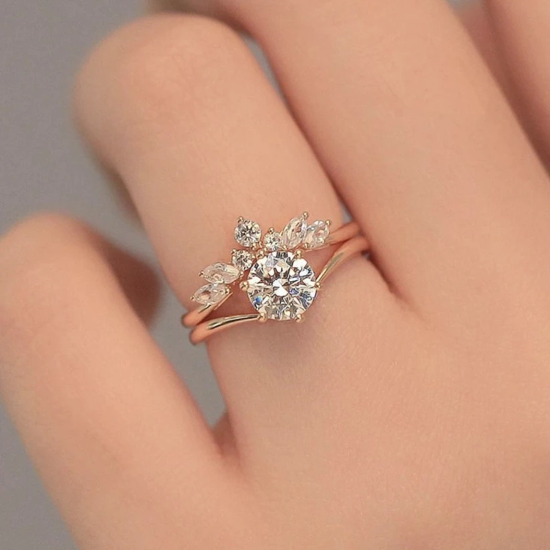 2 Pieces/set of Exquisite Sparkling Zircon Inlaid Women's Rings, Bridal Engagement, Wedding Banquet Jewelry Gifts