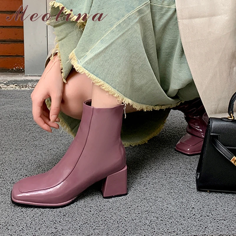 Meotina Women Genuine Leather Ankle Boots Square Toe Chunky High Heels Zipper Short Boots Ladies Fashion Shoes Autumn Winter 40