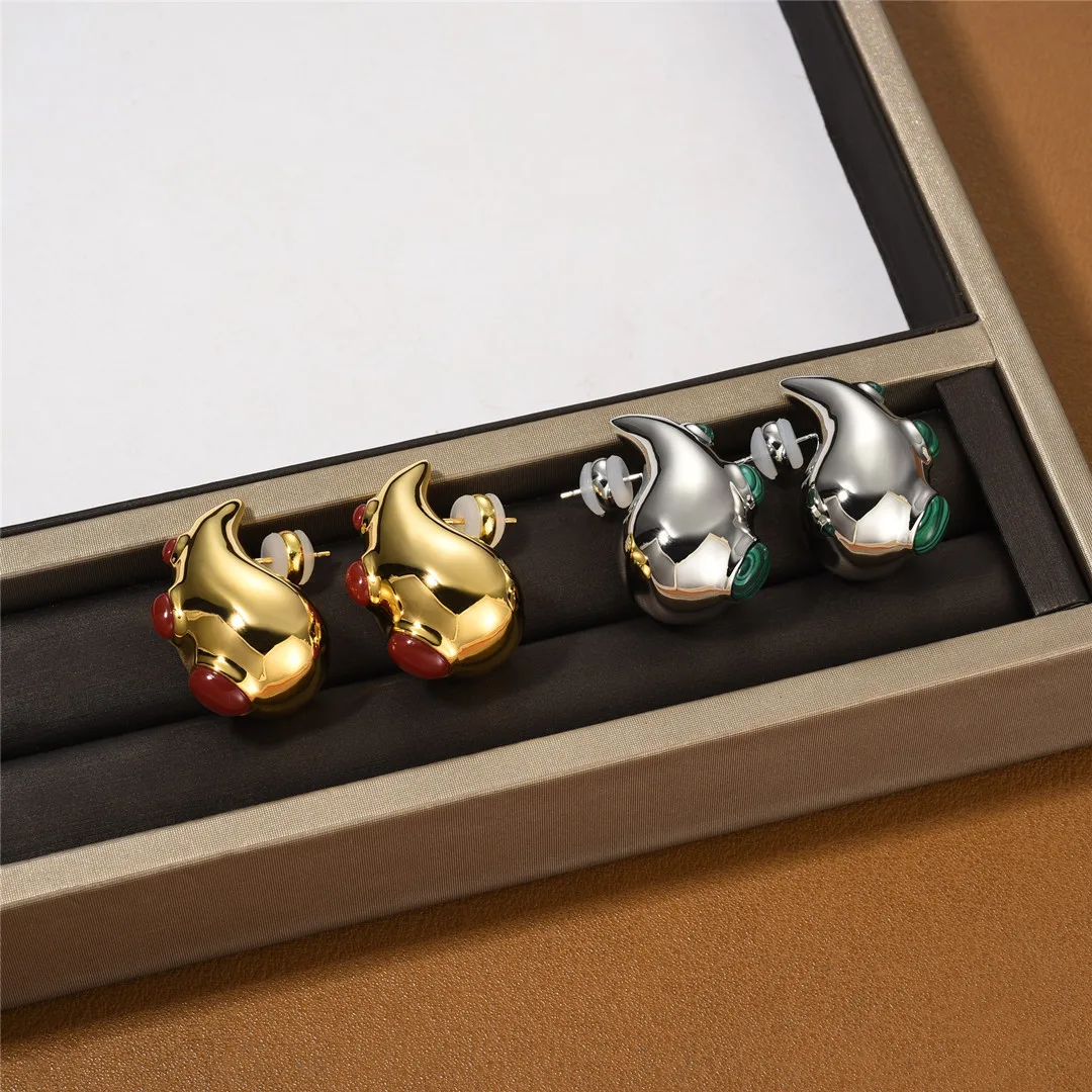 Brass With 18K Colorful Stone Hoop Earring Women Jewelry Punk Designer Runway Rare Simply Gown Boho Japan Korean