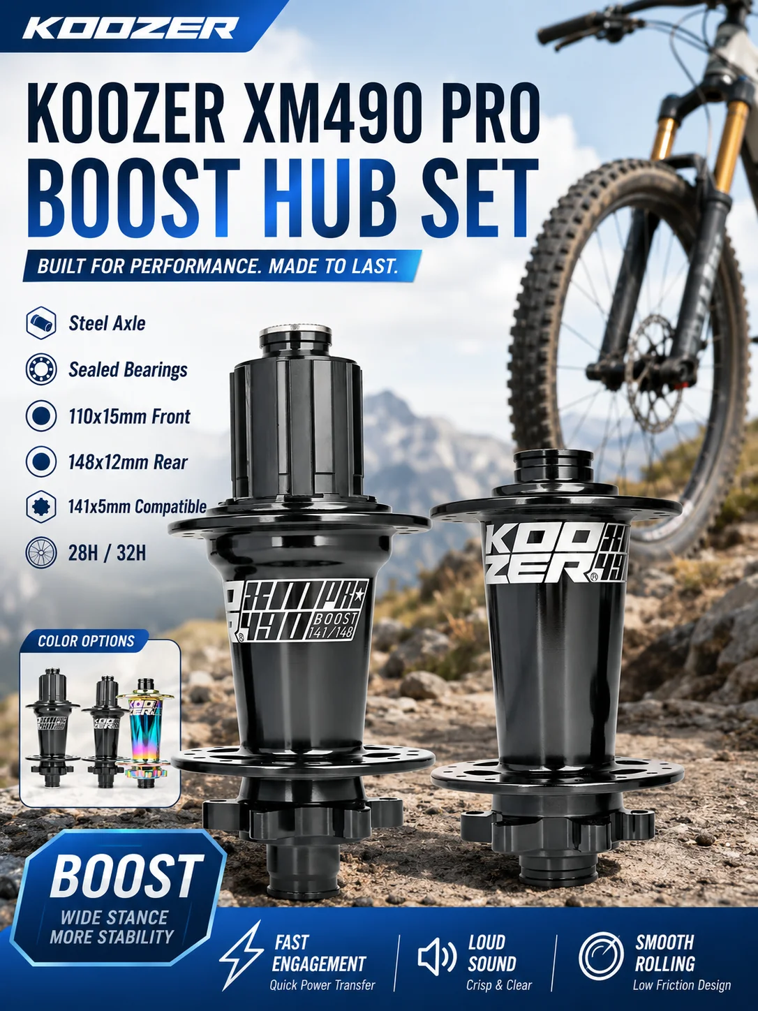 KOOZER XM490 PRO MTB Naben BOOST 110x15 148x12mm 28/32H HG 8-11S MS 12S 6 Sperrklinken 72T Gedichtete Lager Stahlachse – Detail 2