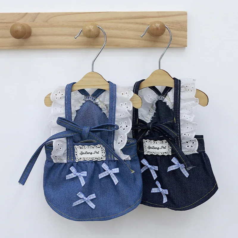 

Pet Summer Cowboy Dress Dress Denim Skirt Bow Skirt Dog Two Leg Top Cat Teddy Tank Top Dog Clothes for Small Dogs Puppy Shirt