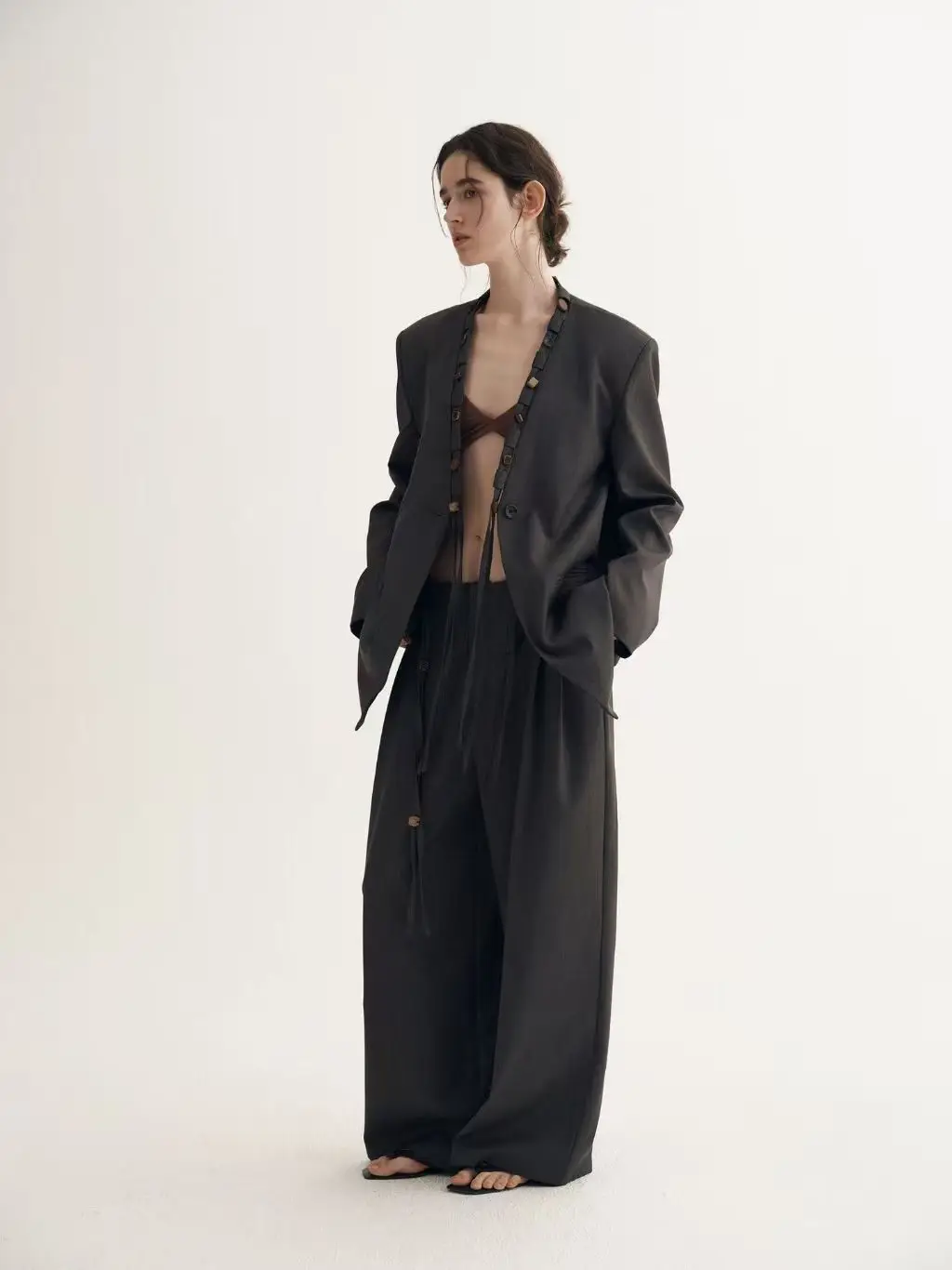 SuperAen 2025 여성을위한 새로운 가을 느슨한 버클 탑 블레이저 바지 투피스 세트